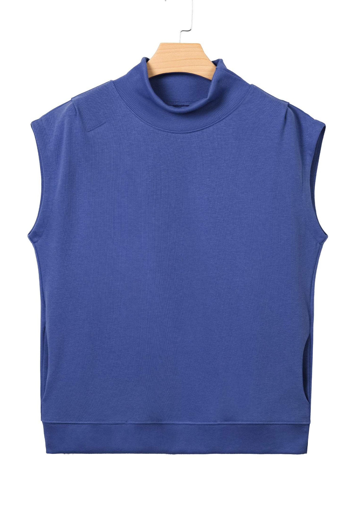 Sky Blue Solid Color High Neck Cap Sleeve Loose Top