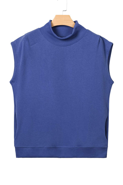 Sky Blue Solid Color High Neck Cap Sleeve Loose Top