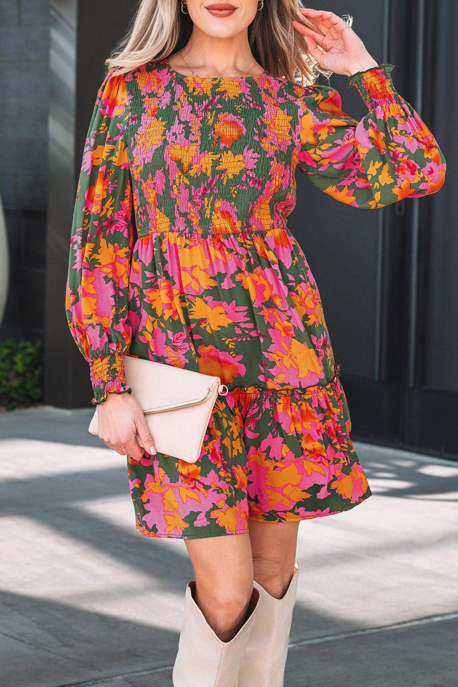 Multicolour Floral Print Long Sleeve Smocked Ruffled Mini Dress - Sweet Fashion Wholesale