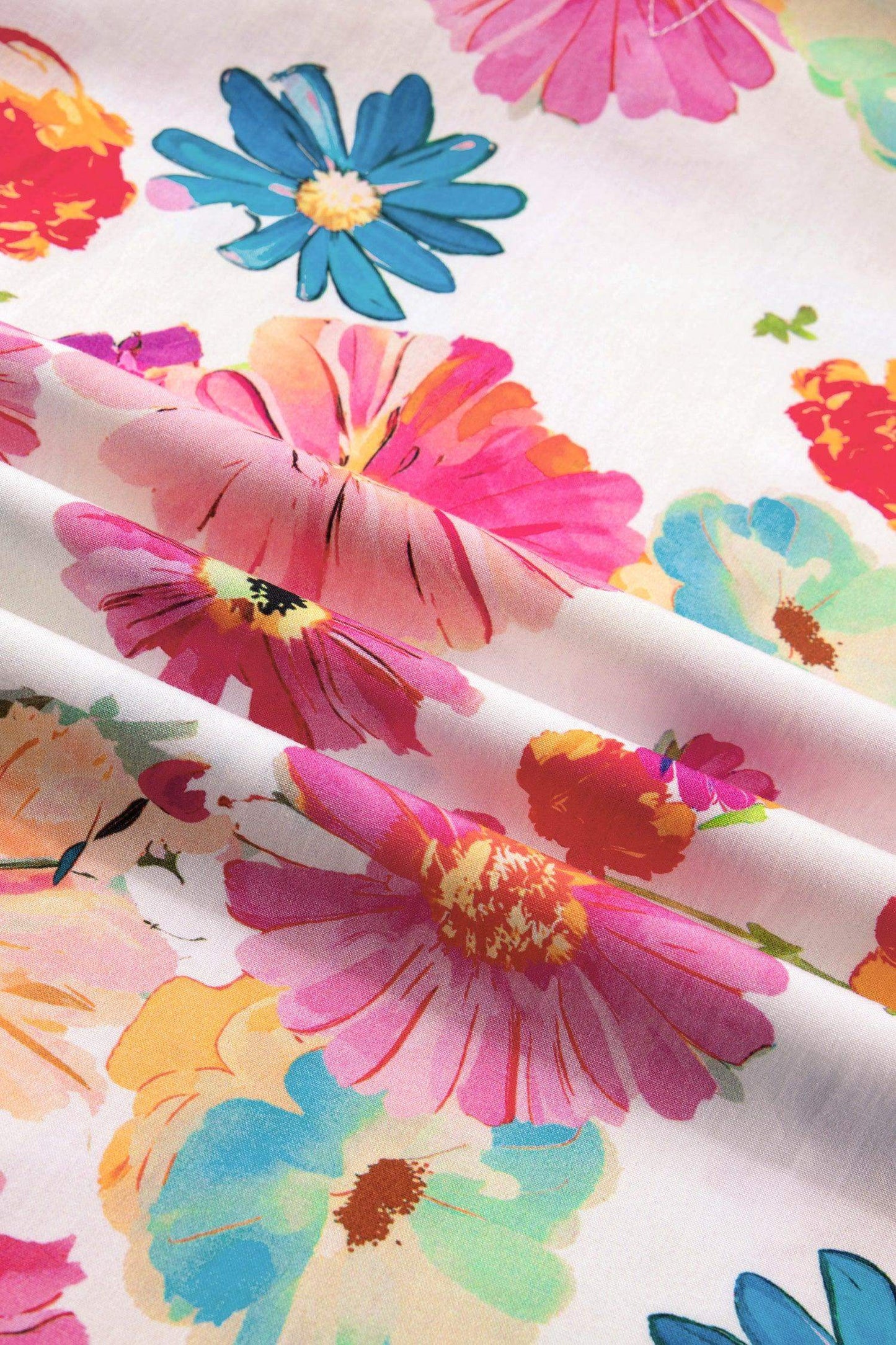 Beige Vibrant Summer Floral Tie V Neck Short Puff Sleeve Blouse - Sweet Fashion Wholesale