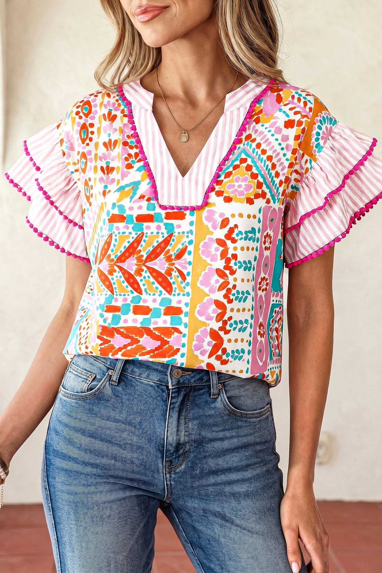 Rose Boho Mixed Print Contrast Trim Striped Patchwork Tiered Short Sleeve Blouse