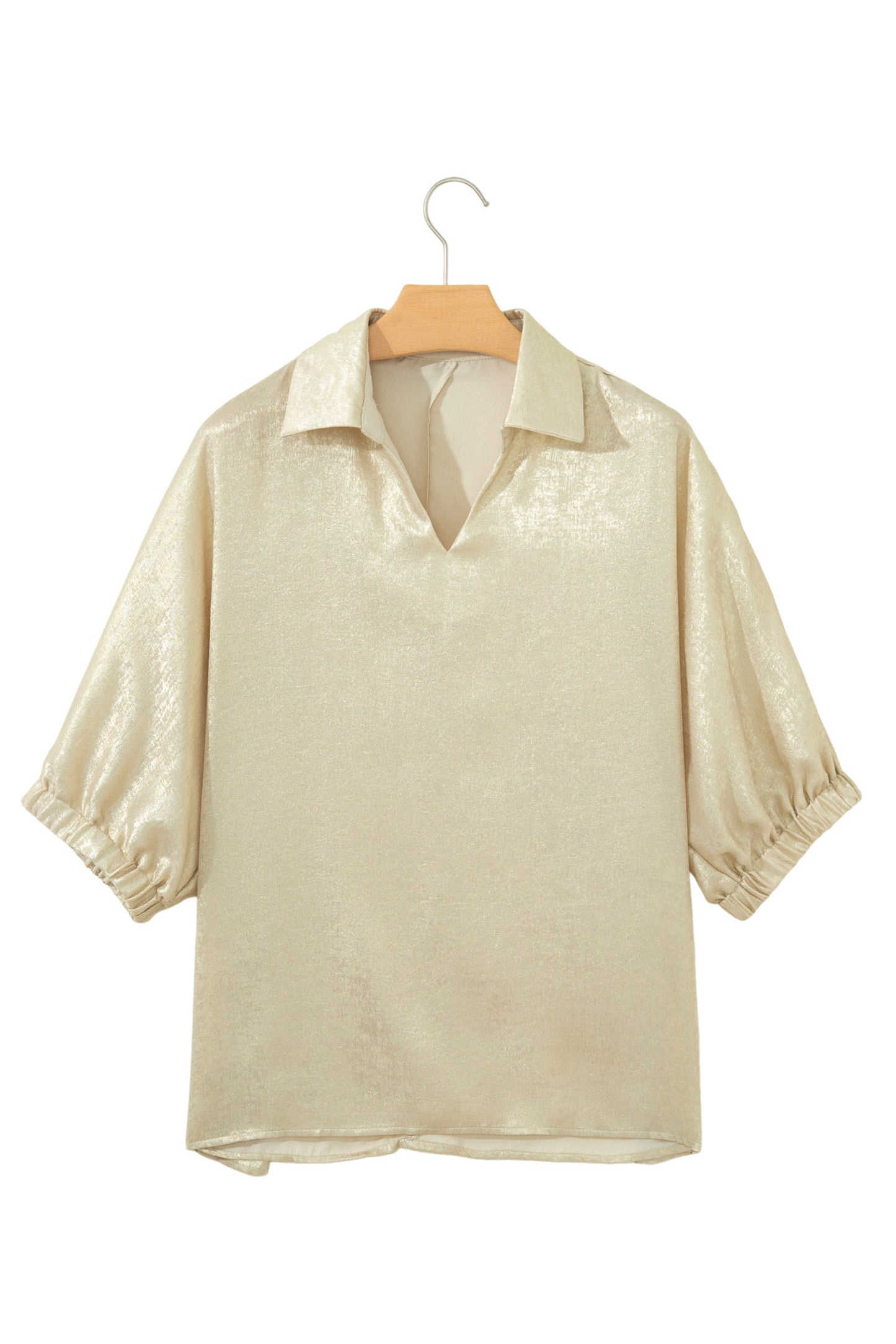 Clearly Aqua Collared V Neck Half Sleeve Metallic Top