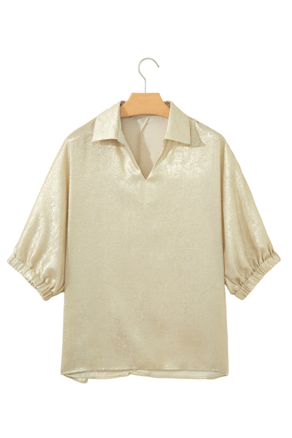 Clearly Aqua Collared V Neck Half Sleeve Metallic Top