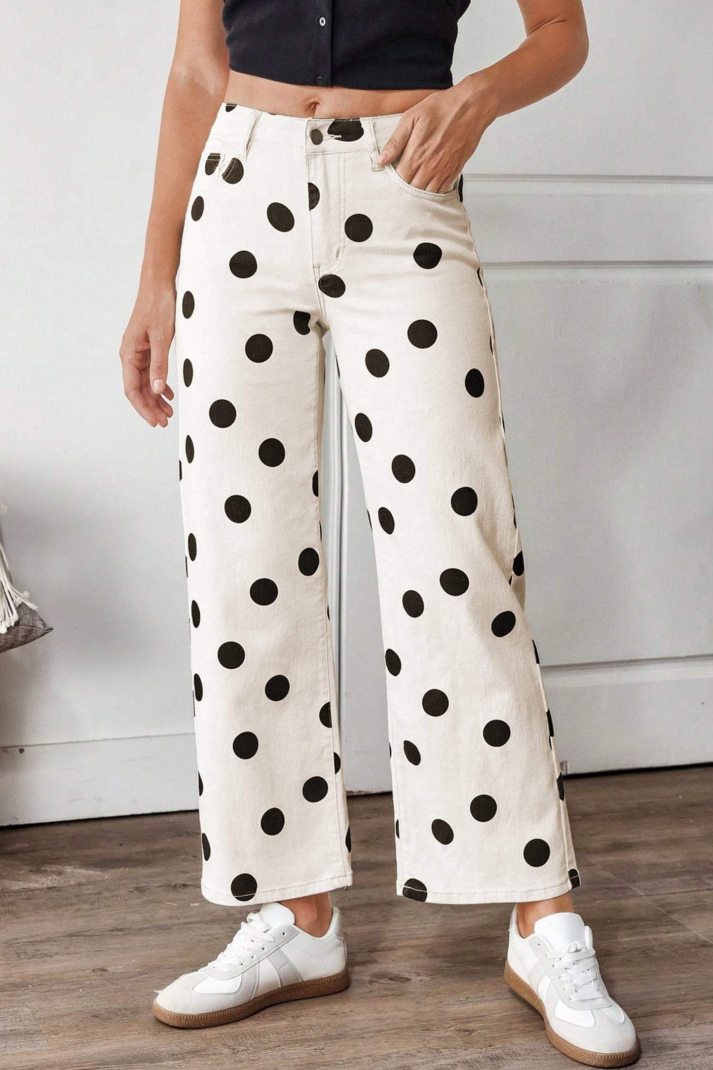 White Polka Dot Print Wide Leg Ankle-Length Jeans