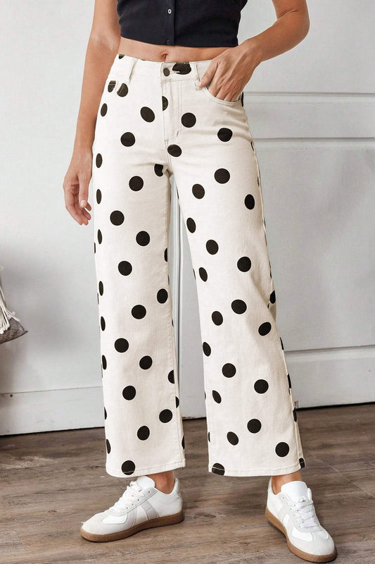 White Polka Dot Print Wide Leg Ankle-Length Jeans