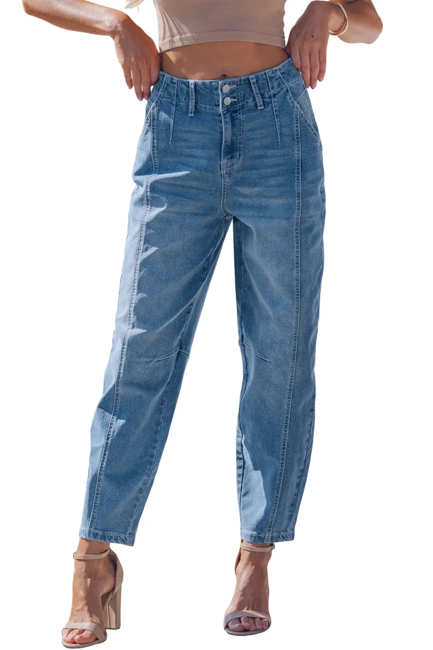 Sky Blue Medium Wash Cuffed Barrel Jeans - Sweet Fashion Wholesale