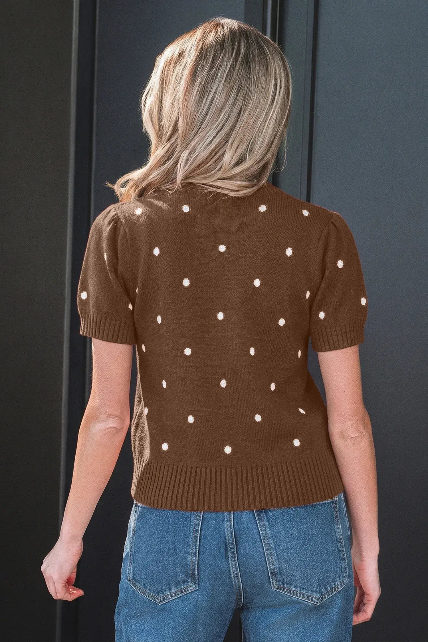 Yellow Cream Elegant Polka Dot Bubble Short Sleeve Sweater - Sweet Fashion Wholesale