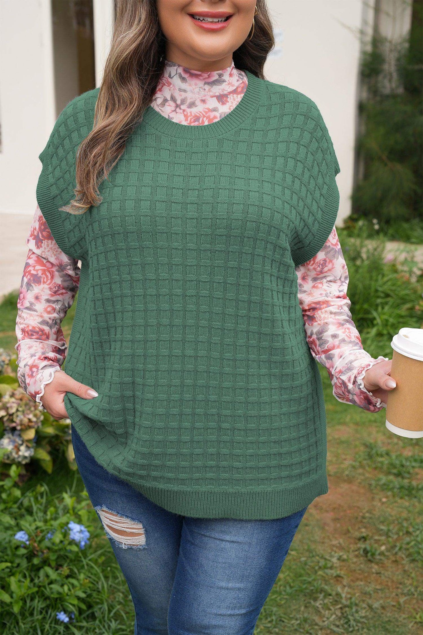 Mist Green Plus Size Solid Color Textured Knit Short Sleeve Sweater - Sweet Fashion Wholesale