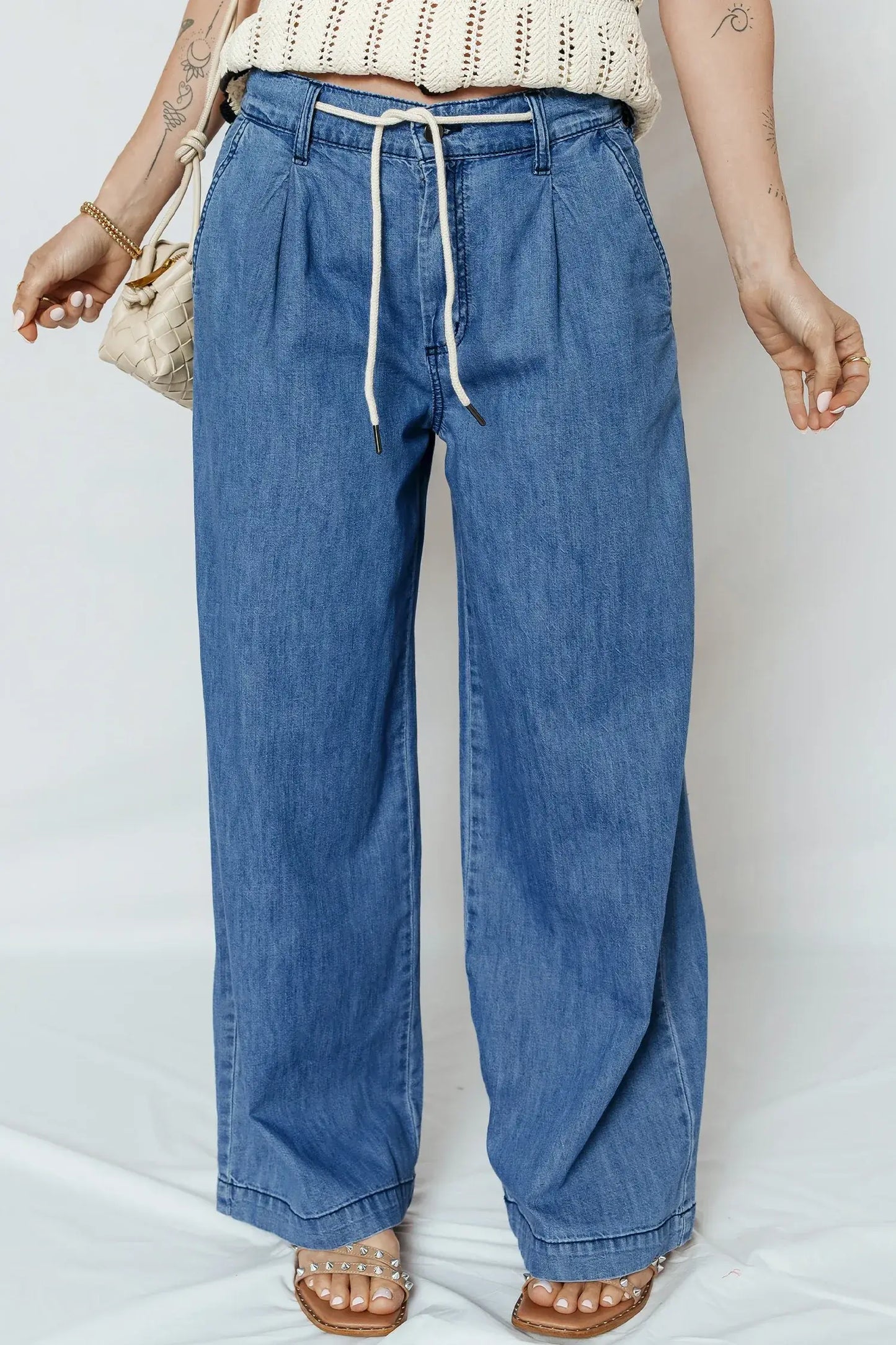 Dusk Blue Lace-up Pull on Wide Leg Jeans - Sweet Fashion Wholesale