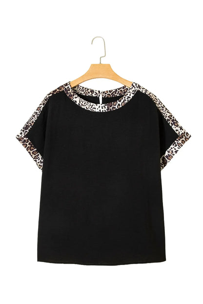 Black Plus Size Leopard Patchwork Round Neck Loose Tee - Sweet Fashion Wholesale