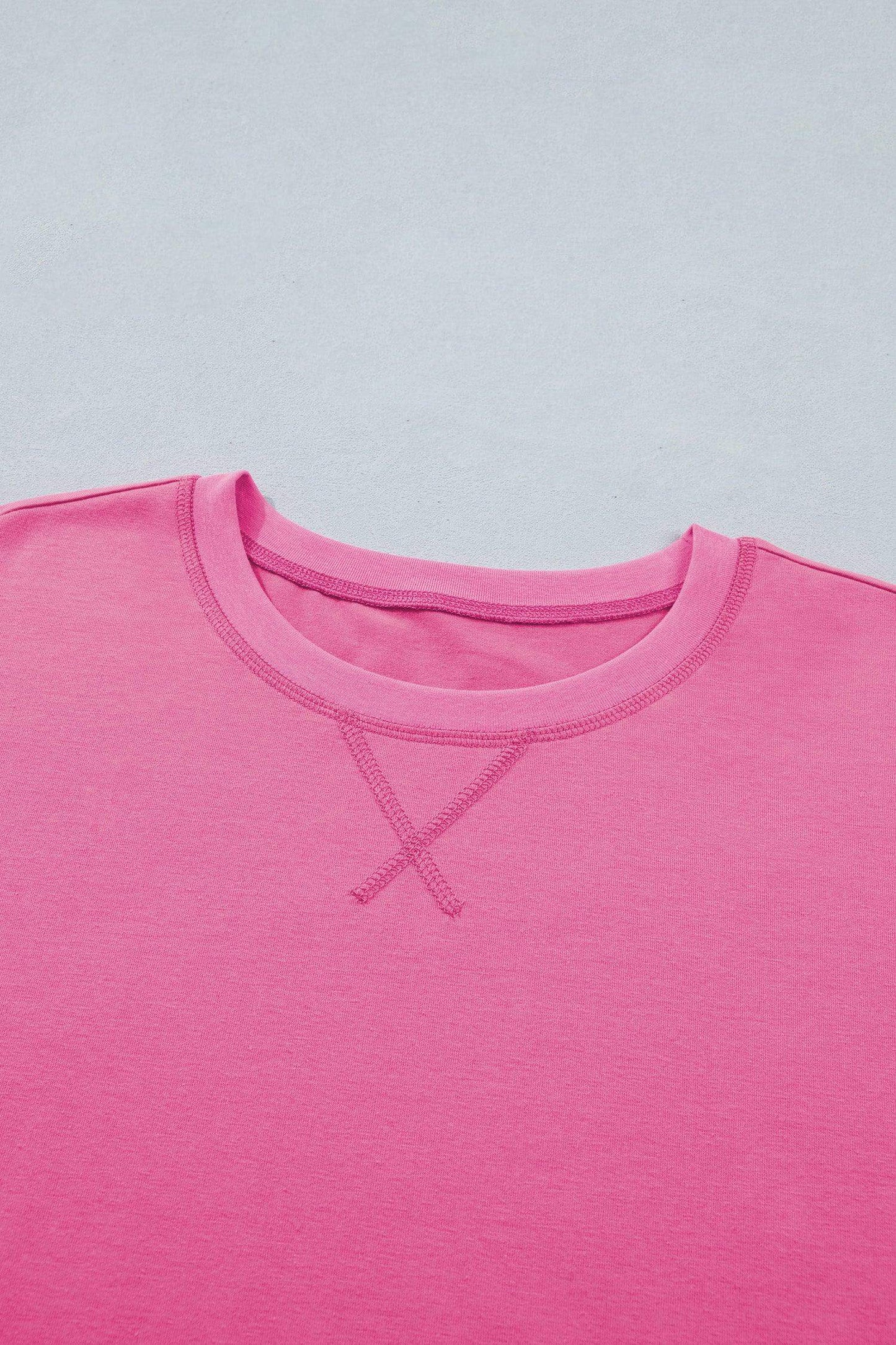 Bright Pink Seam Detail Raw Edge Tee Rainbow Waistband Casual Short Set - Sweet Fashion Wholesale