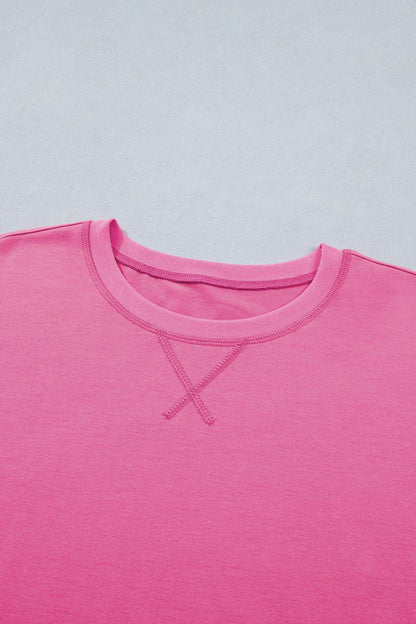 Bright Pink Seam Detail Raw Edge Tee Rainbow Waistband Casual Short Set - Sweet Fashion Wholesale