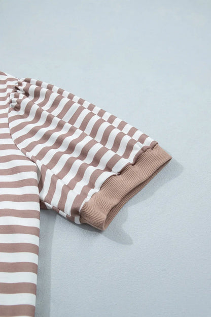 Orange Stripe Ribbed Trim Round Neck Short Puff Sleeve Plus T Shirt - Sweet Fashion Wholesale