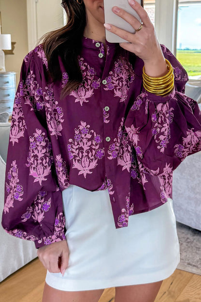 Purple Floral Print Button Front Long Sleeve Round Neck Casual Shift Top