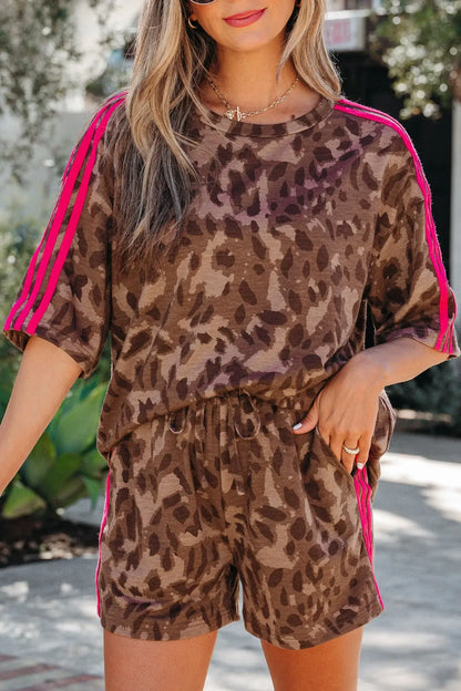 Brown Contrast Striped Accent Leopard Short Set - Sweet Fashion Wholesale