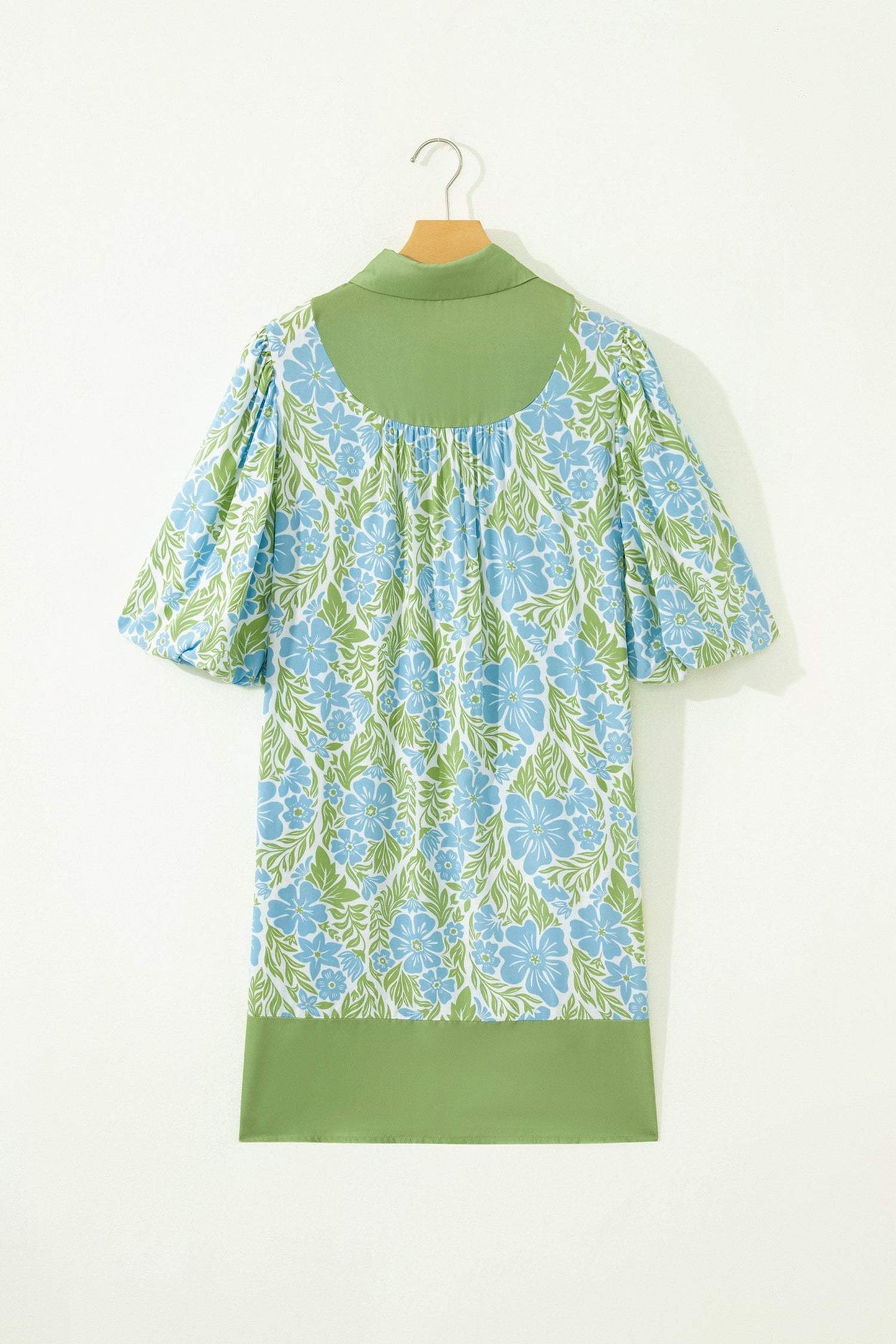 Sky Blue Floral Print Color Block Patchwork Shirt Collar Half Sleeve Mini Dress