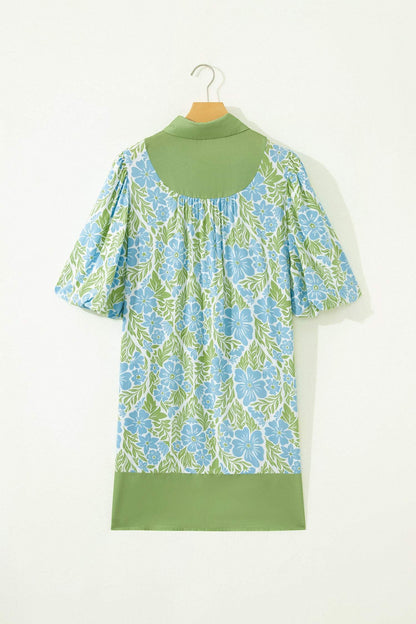 Sky Blue Floral Print Color Block Patchwork Shirt Collar Half Sleeve Mini Dress