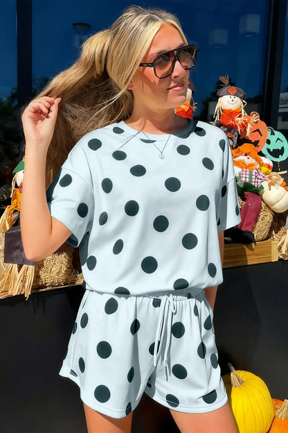 Pink Polka Dot Print Loose Tee Drawstring Elastic Waist Short Set - Sweet Fashion Wholesale