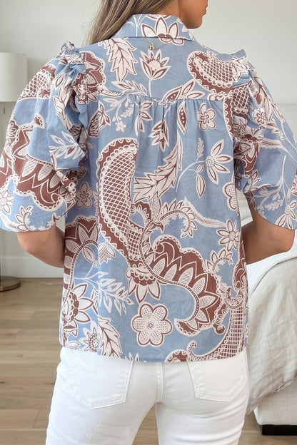 Sky Blue Boho Floral Print Scalloped Trim Button Down Short Sleeve Shirt