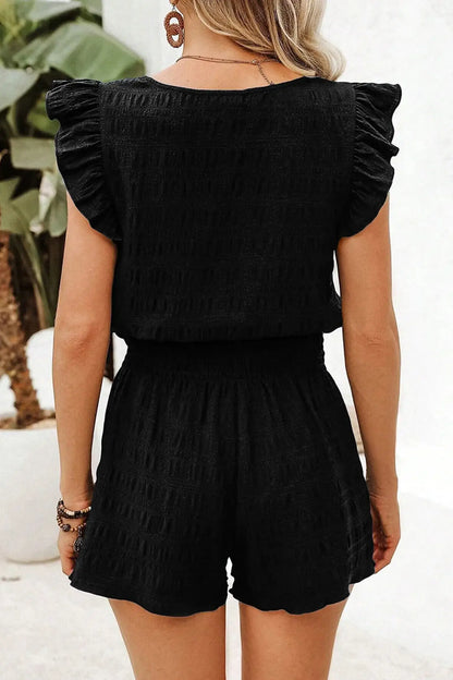Black Textured Square Neck Top and Shirred High Waist Shorts Set - Sweet Fashion Wholesale