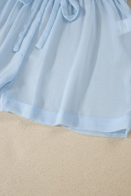 Beau Blue Sheer Tunic Shirt Drawstring Shorts 2pcs Swim Cover Up - Sweet Fashion Wholesale