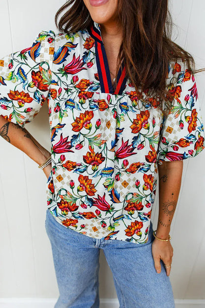Multicolour Contrasted V Neckline Floral Puff Short Sleeve Blouse - Sweet Fashion Wholesale