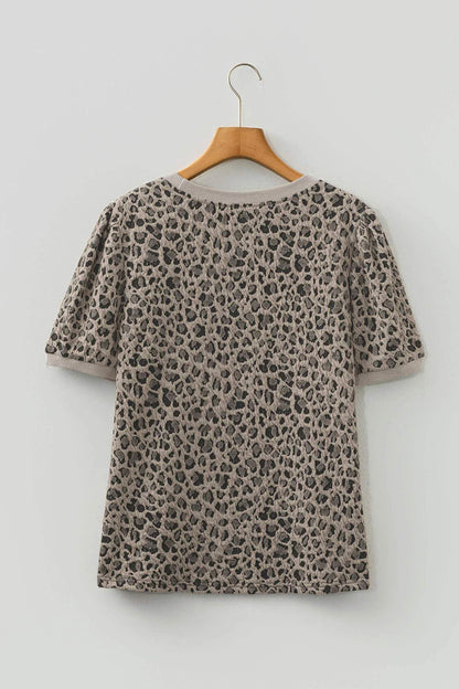 Khaki Textured Leopard Print Crew Neck Short Sleeve Top - Sweet Fashion Wholesale