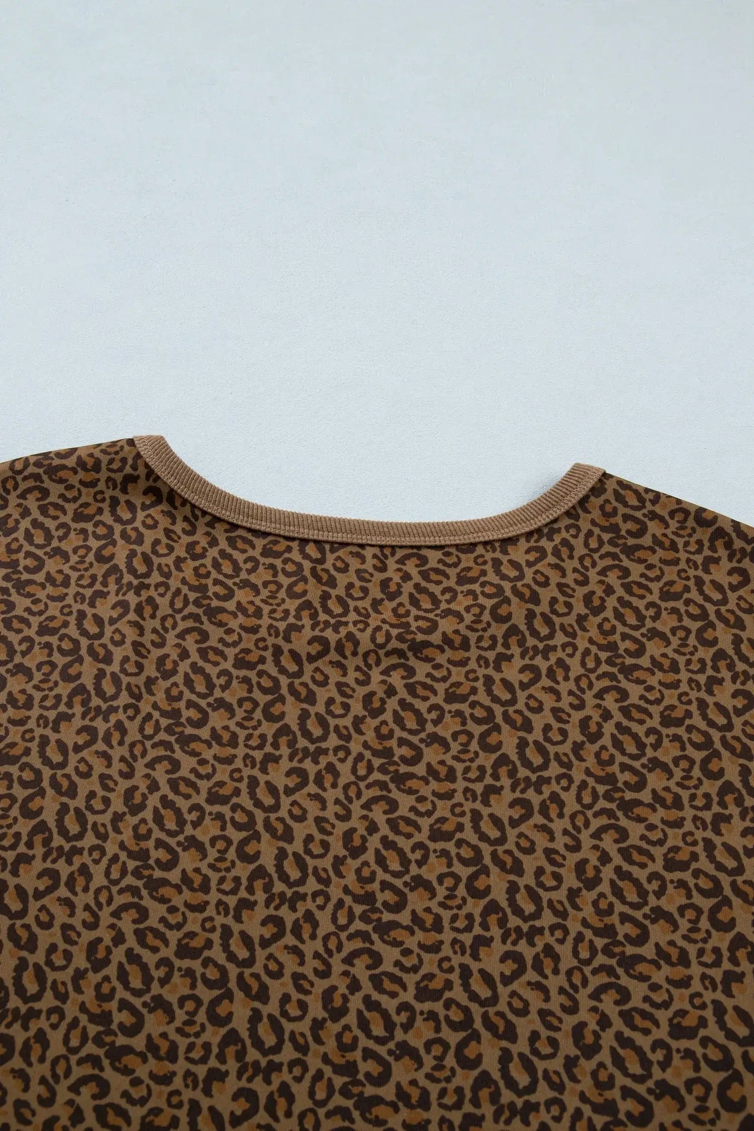 Khaki Plus Size Leopard Print Ribbed Trim Round Neck Tee - Sweet Fashion Wholesale