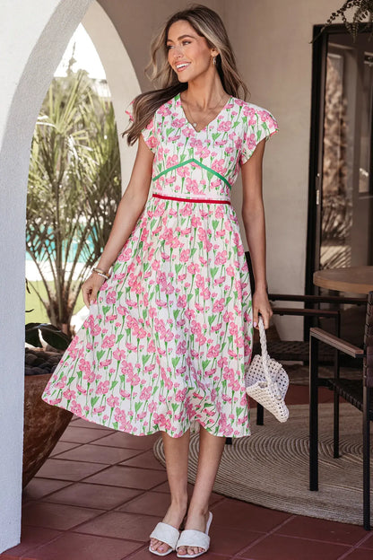 Pink Floral Print Contrast Trim V Neck Short Sleeve Elegant Midi Dress - Sweet Fashion Wholesale