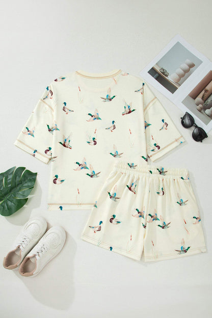 Beige Mallard Duck Print Oversized Tee Drawstring Short Set