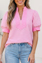 Pink Stripe Color Block Detail Split Neck Short Sleeve Blouse