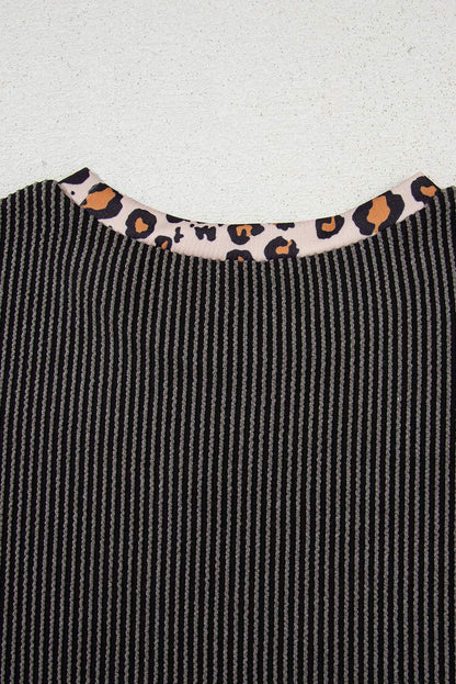 Carbon Grey Leopard Patchwork Edge Twisted Rib T Shirt and Cropped Pants Set