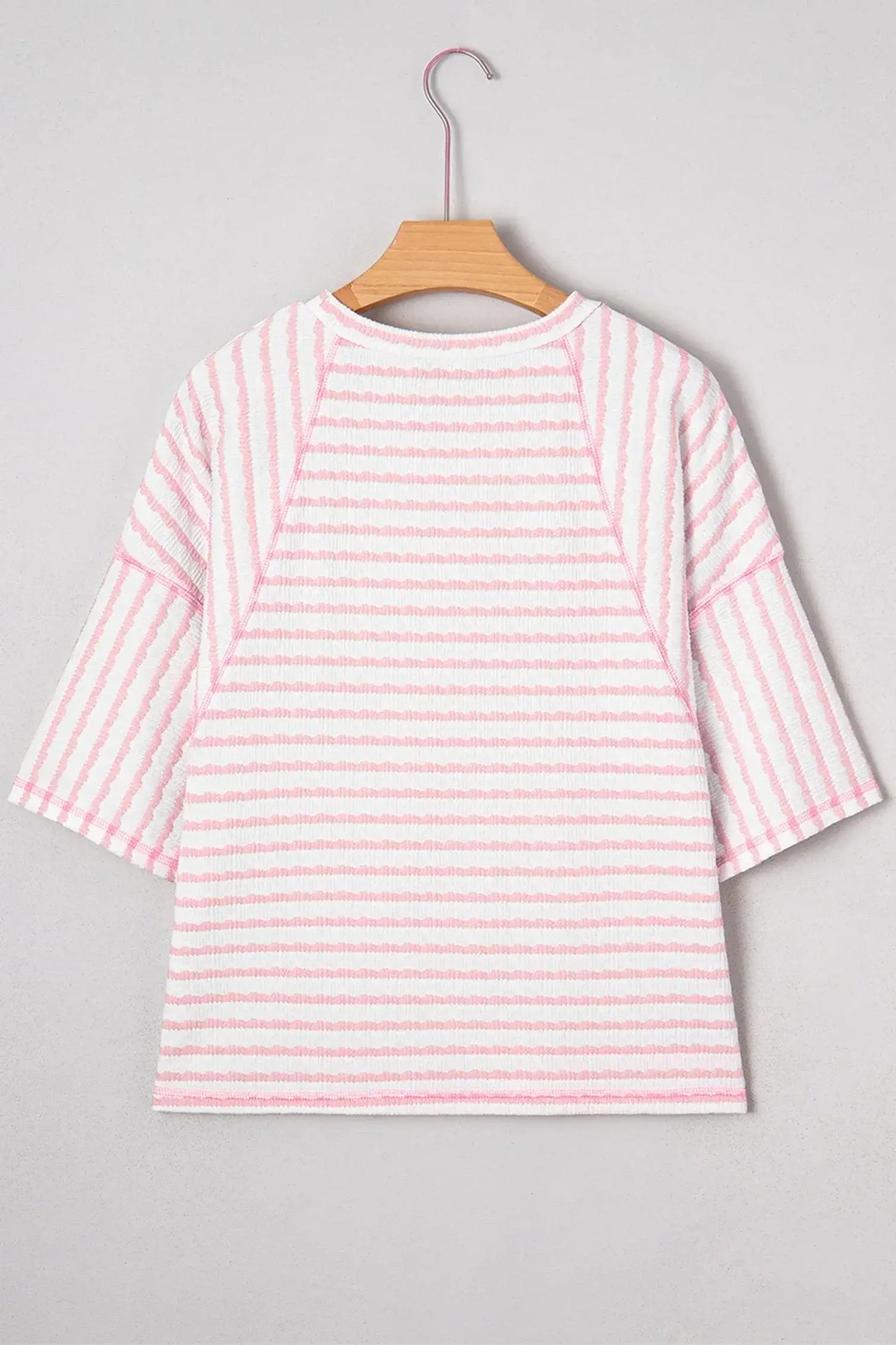Apricot Stripe Plus Size Textured Patchwork Detail Half Sleeve Top - Sweet Fashion Wholesale