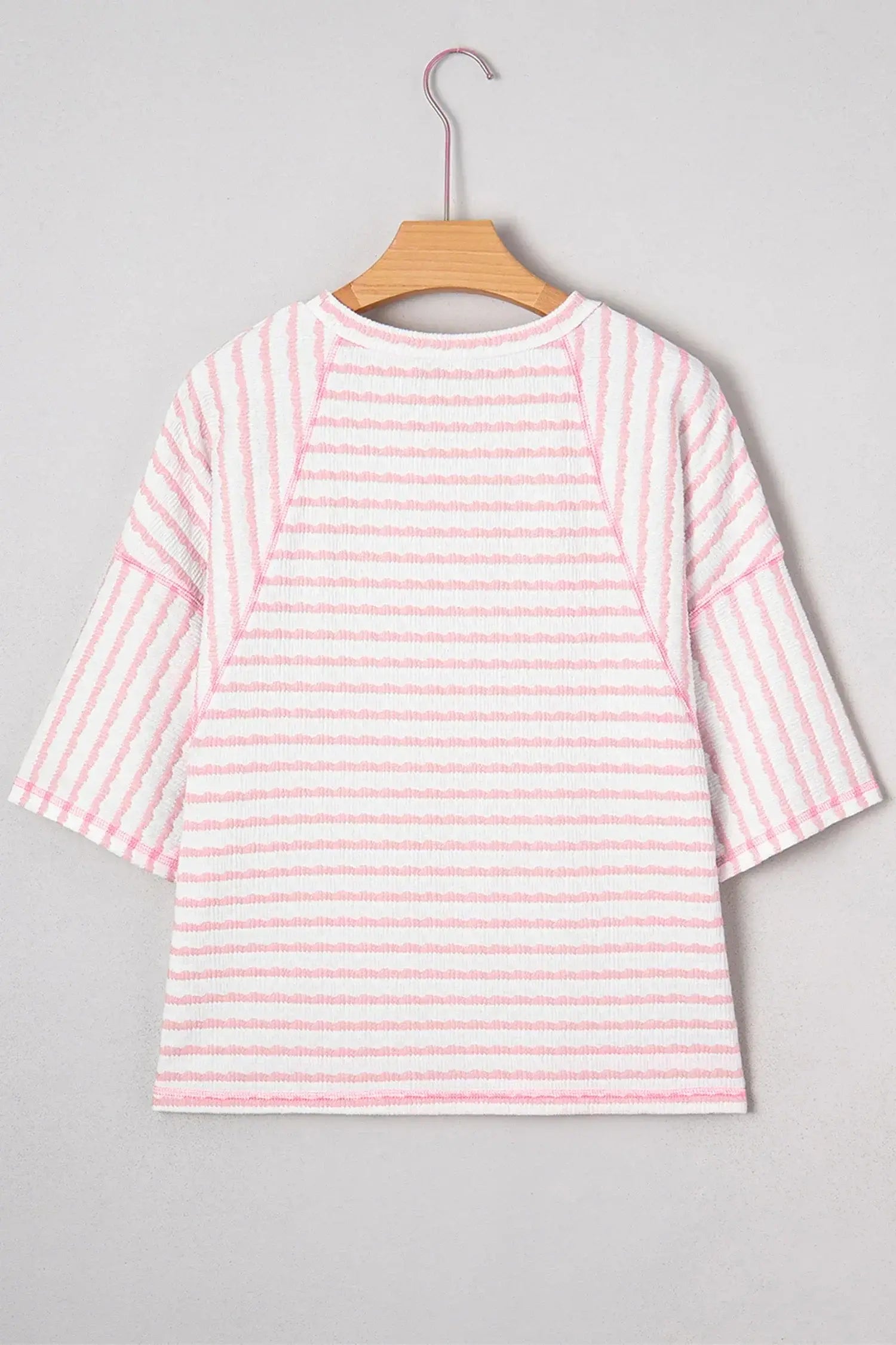 Apricot Stripe Plus Size Textured Patchwork Detail Half Sleeve Top - Sweet Fashion Wholesale