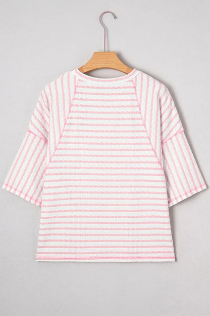 Apricot Stripe Plus Size Textured Patchwork Detail Half Sleeve Top - Sweet Fashion Wholesale