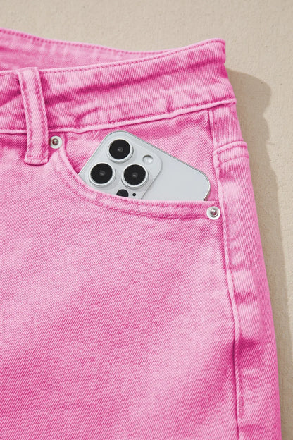 Pink Acid Wash High Waist Uneven Raw Hem Shift Jeans - Sweet Fashion Wholesale