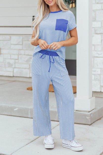 Sky Blue Stripe Crew Neck Tee Drawstring Waist Cropped Pants Set