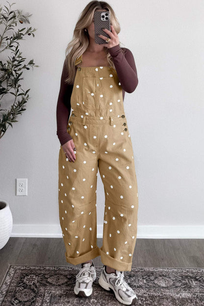 Light French Beige Polka Dot Print Bib Pocket Denim Barrel Overalls Jumpsuit