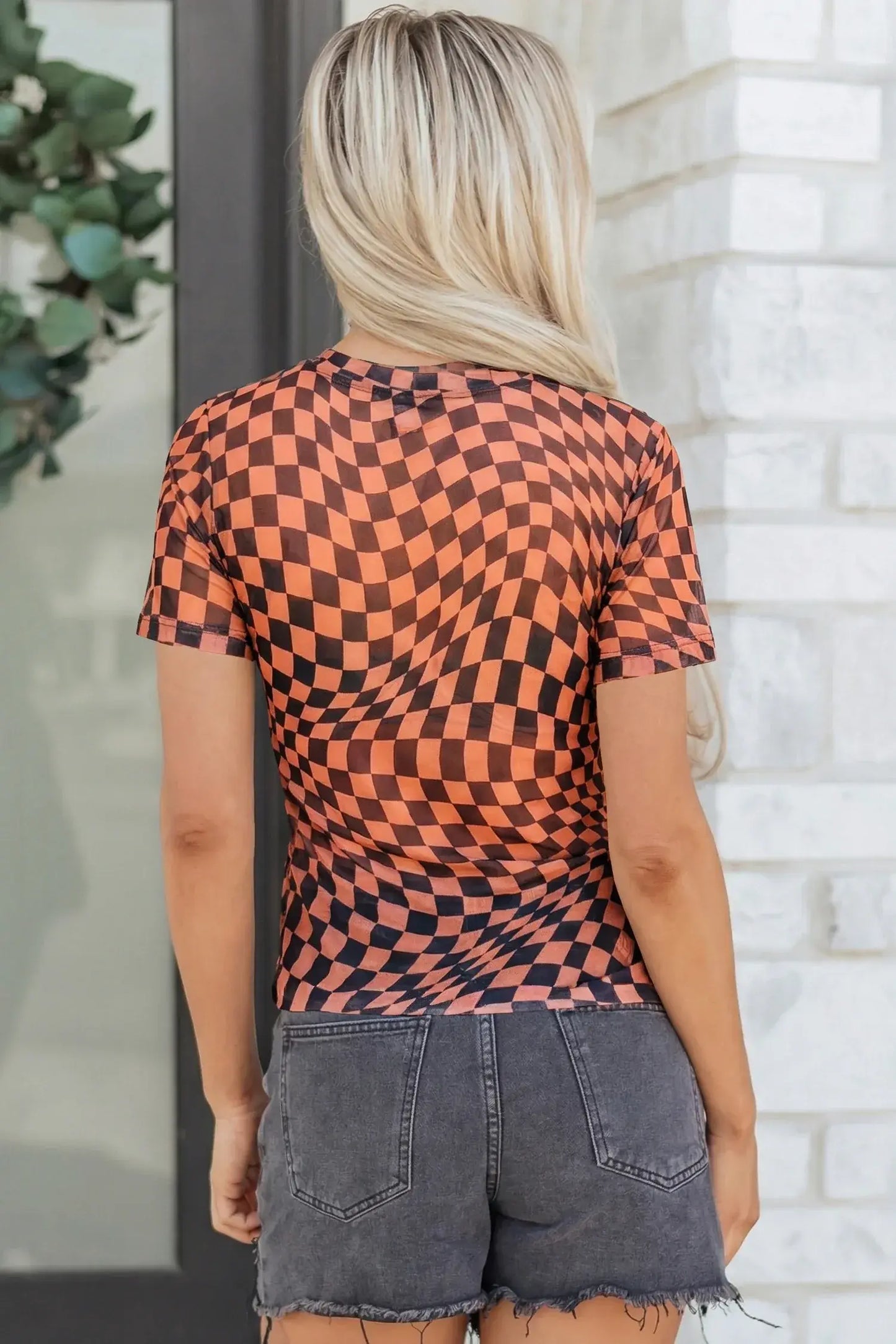 Orange Checkered Print Crew Neck Mesh T Shirt - Sweet Fashion Wholesale