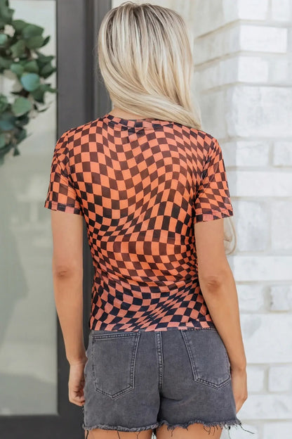 Orange Checkered Print Crew Neck Mesh T Shirt - Sweet Fashion Wholesale