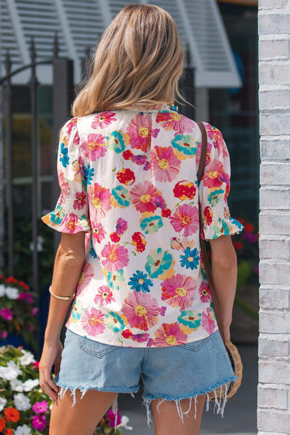 Beige Vibrant Summer Floral Tie V Neck Short Puff Sleeve Blouse - Sweet Fashion Wholesale