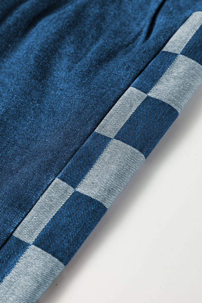 Sail Blue Checkered Side Panel Patchwork Drawstring Loose Denim Pants - Sweet Fashion Wholesale