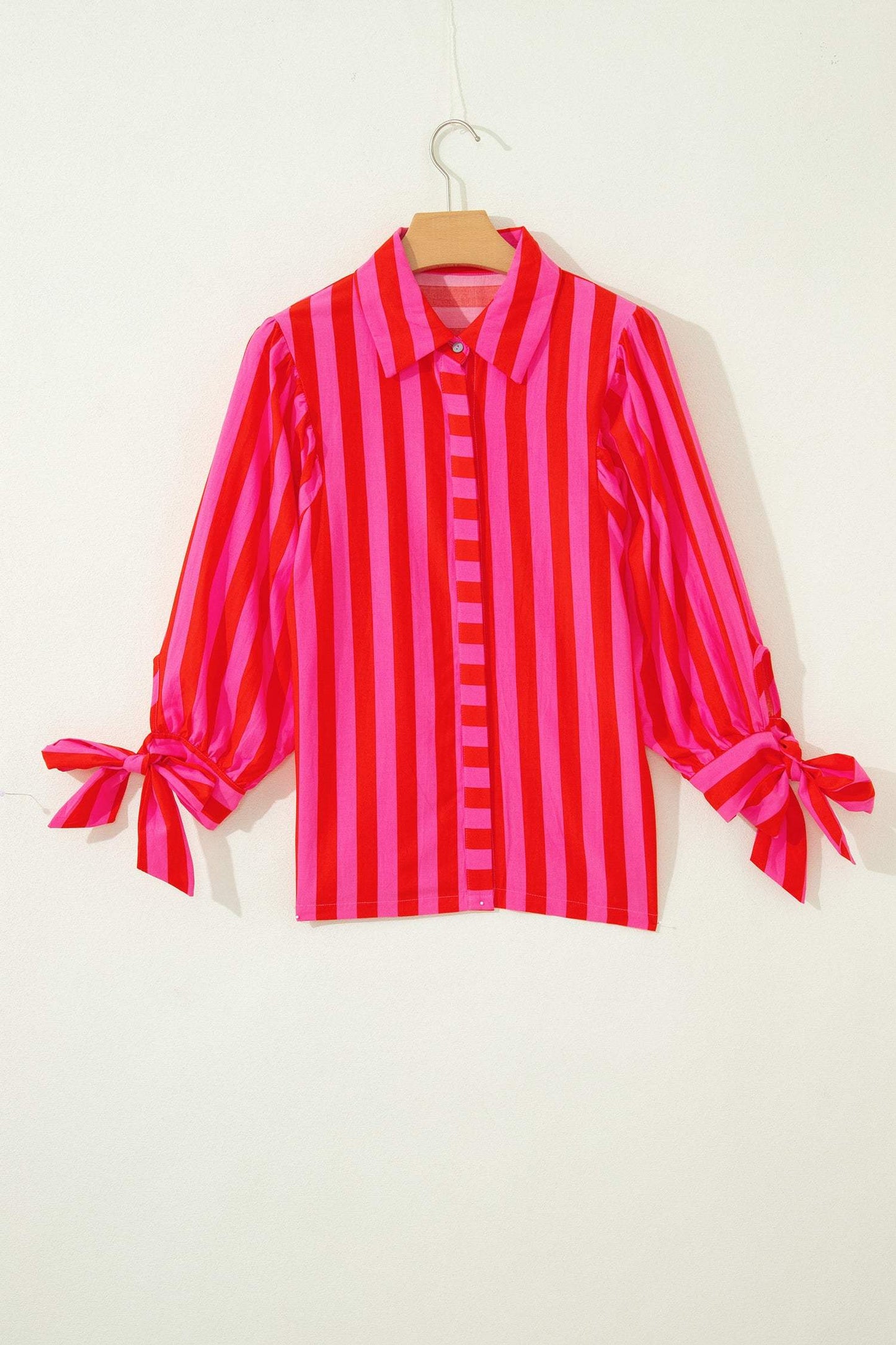 Red Stripe Tie Puff Sleeve Womens Button Down Shirt