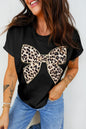 Black Leopard Bow Embroidered Cotton Round Neck T Shirt - Sweet Fashion Wholesale