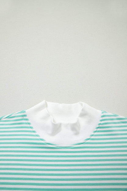 Sky Blue Stripe Oversize Mock Neck Sweatshirt and Shorts Set