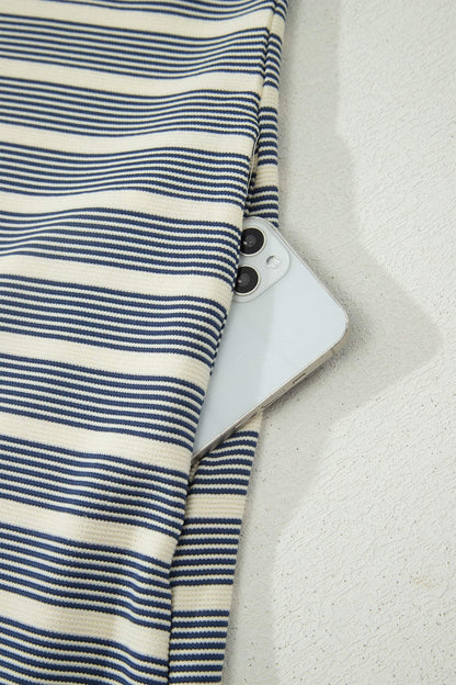 Blue Stripe Plus Size Contrast Trim Button V Neck Ruffle Sleeve Shift Dress
