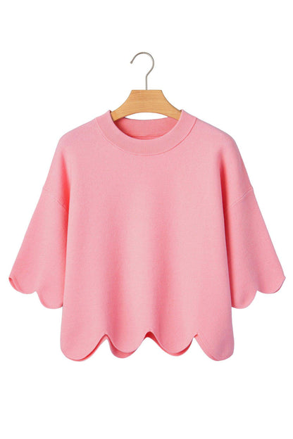 Myosotis Scalloped Hem 3/4 Sleeve Sweater Top - Sweet Fashion Wholesale