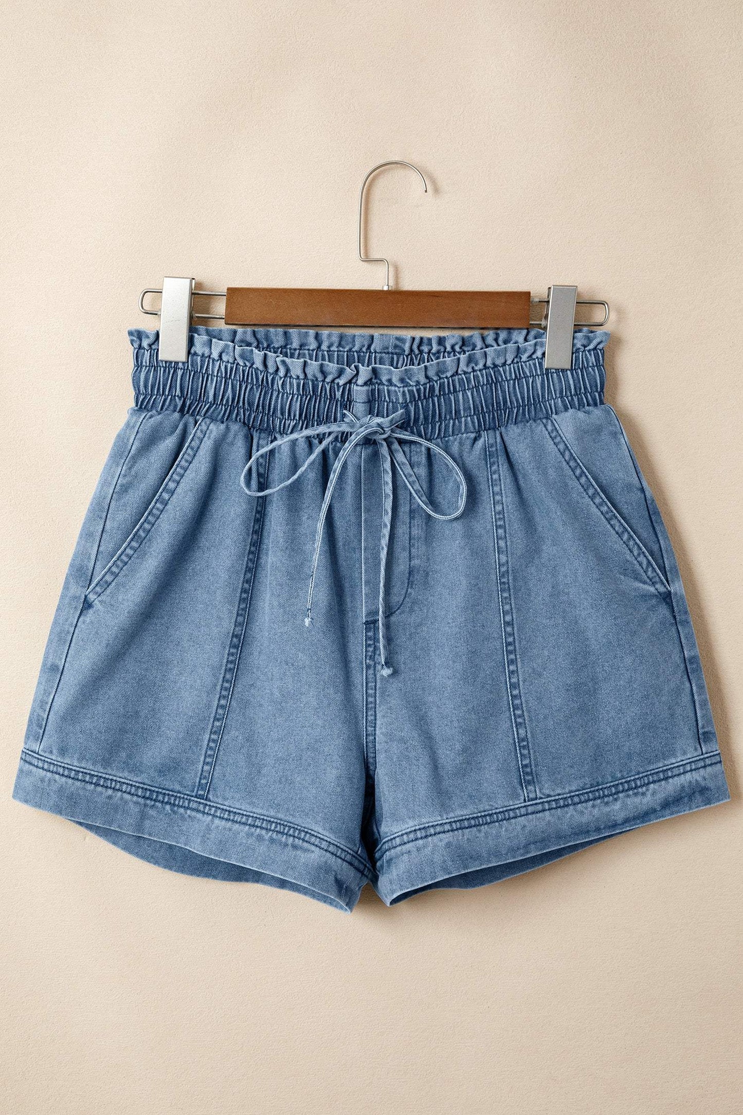 Dusk Blue Smocked Elastic Waist Denim Shorts