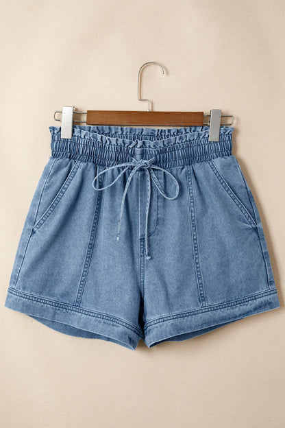 Dusk Blue Smocked Elastic Waist Denim Shorts
