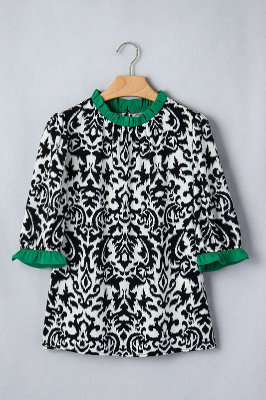 Green Damask Print Ruffled Color Block Detail Half Sleeve Blouse